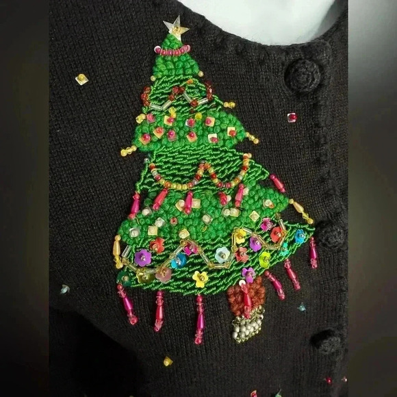 Vintage Michael Simon Cardigan Christmas Trees Embellished sweater Size Medium - Picture 5 of 12